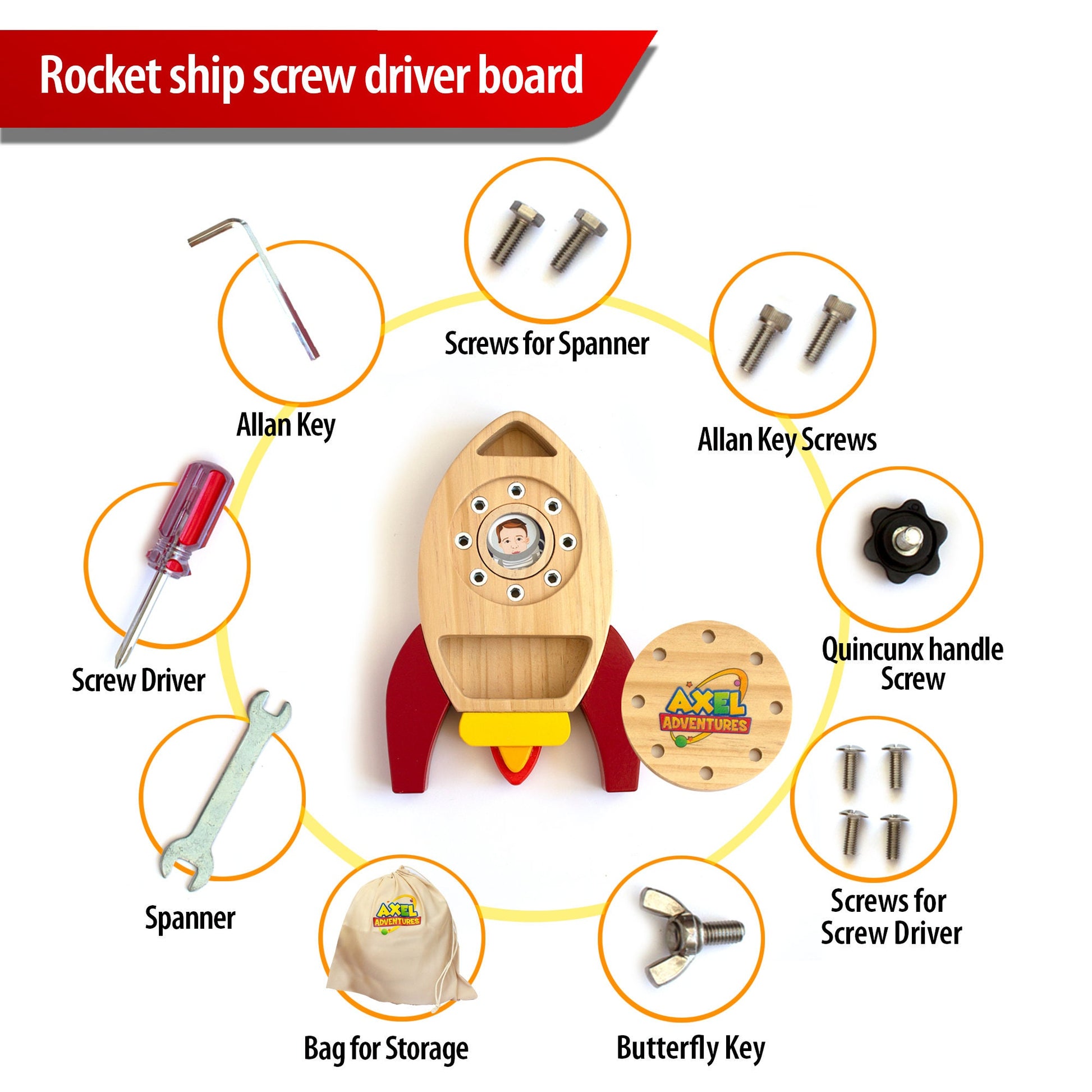 Montessori Screw Driver Board, Rocket Ship Toy, Space Ship Toy, Wooden Kids Toys Age 3, 4, 5, 6, Real Tools for Boys & Girls, Busy Board